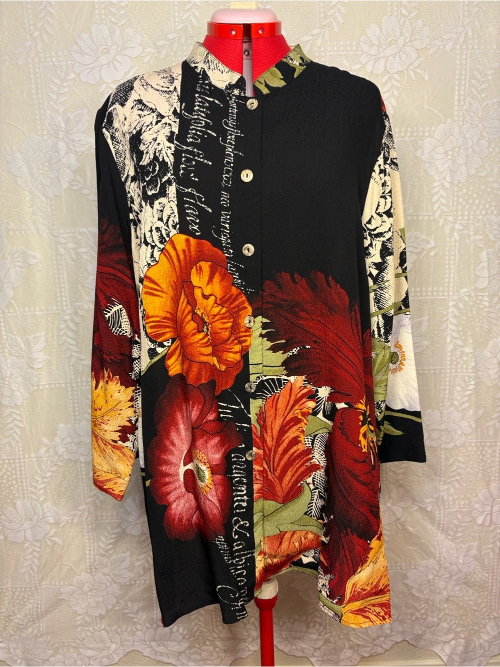 *New* Citron 100% Silk Vintage Black Button-Front Poppy Floral Shirt Tunic - Picture 4 of 16